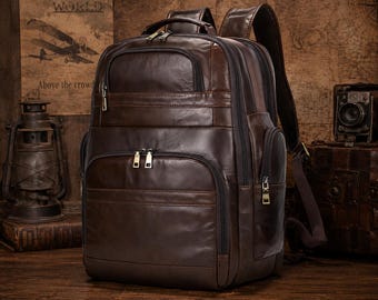 Mens Leather Backpack Personalized Full Grain Leather 16 Inches Laptop Backpack Large Capacity Weekender Overnight Camping Travel Rucksack