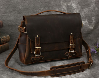 Leather Laptop Messenger Bag, Personalized Full Grain Leather Briefcase Shoulder Crossbody Bag Monogram Leather Anniversary Gifts Men