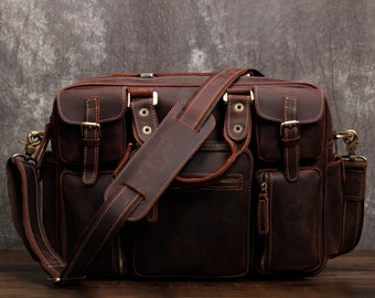 Full Grain Leather Briefcase for Men Business Travel Messenger Bags 15.6 Inch Laptop Bag Crossbody Shoulder Bag Gift for Him Christmas Gift