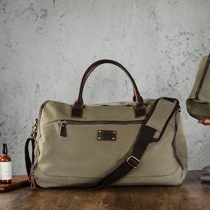 Travel Duffel Bag & Toiletry Bag Combo Set, Waterproof Canvas Leather Weekend bag, Carry on Weekender Overnight Bag for Men Personalized.