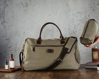 Travel Duffel Bag & Toiletry Bag Combo Set, Waterproof Canvas Leather Weekend bag, Carry on Weekender Overnight Bag for Men Personalized.