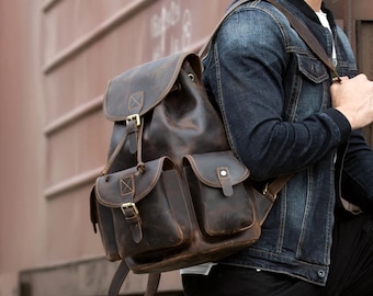 Personalized Crazy Horse Leather Backpack: Travel Rucksack, Mens School Bag