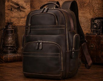 Laptop Backpack Personalized Full Grain Leather 16 Inches Large Capacity Weekender Overnight Camping Travel Rucksack Mens Leather Backpack