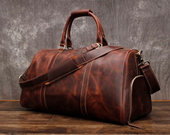 Full Grain Leather Duffle Bag: Handmade Travel Weekend Holdall