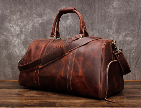 Full Grain Leather Weekender Bag for Men with Detachable Shoulder Strap