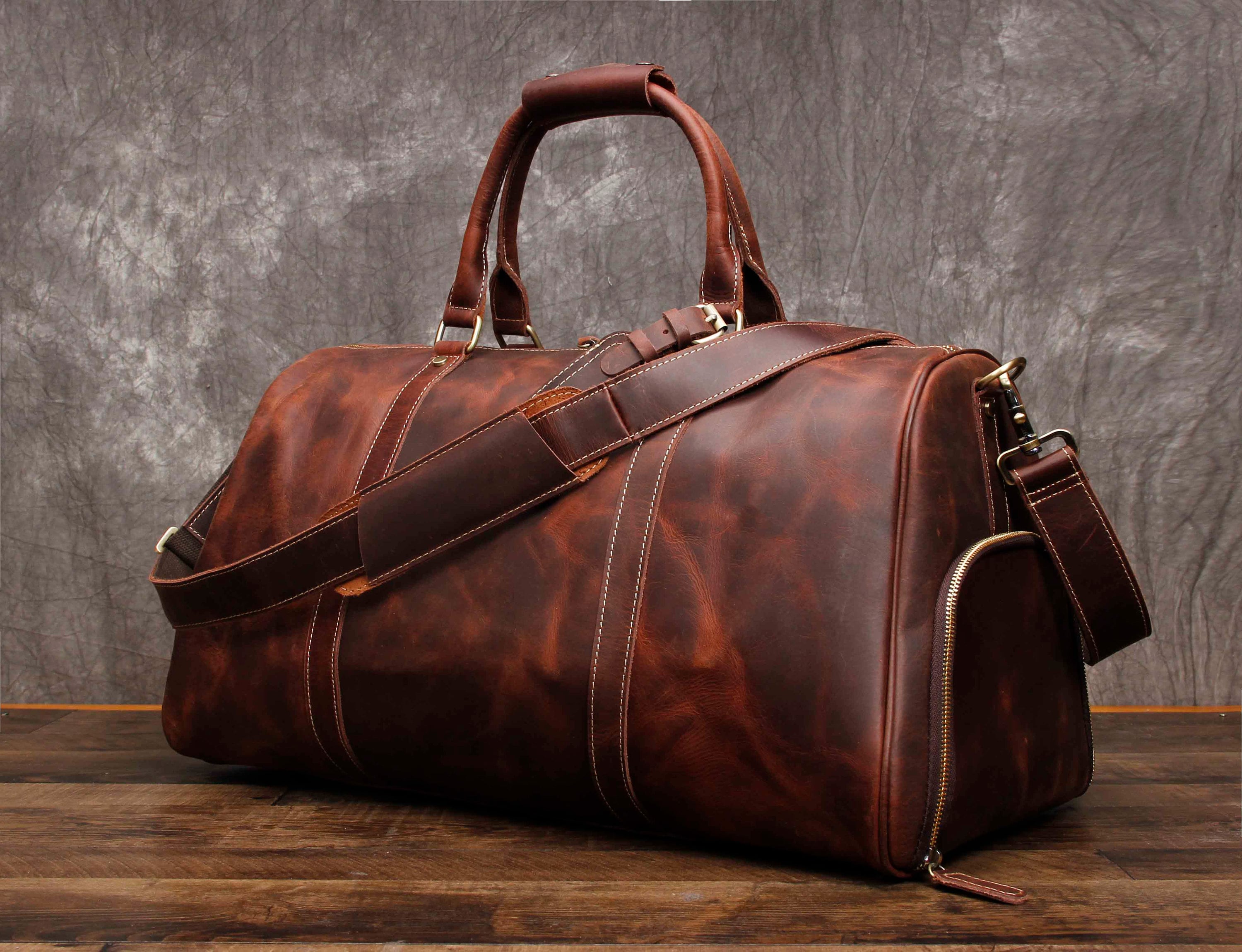 Personalized Full Grain Leather Travel Bag with shoe Pouch Weekend Bag  Duffel Bag Leather Duffle with shoe Compartment