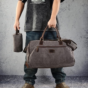 Custom Waterproof Canvas Leather Duffle bag, Carry on Weekender Overnight Bag for Men, Travel Duffel Bag & Toiletry Bag Combo Set, Gift For.