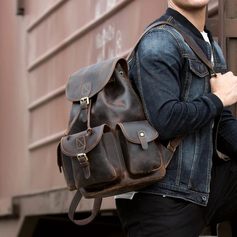 Personalized Leather Backpack Crazy Horse Leather Travel | Etsy