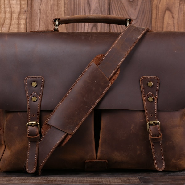 Personalized Full Grain Rustic Leather Messenger Bag 15.6'' Leather Laptop Bag Men Briefcase Satchel Handbag Crossbody Bag Christmas Gifts