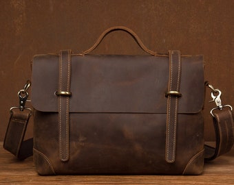 Personalized Full Grain Leather Laptop Shoulder Bag for Men, 15.6 Inch Laptop Messenger Bag Genuine Leather Sleeve Case Best Man Gifts