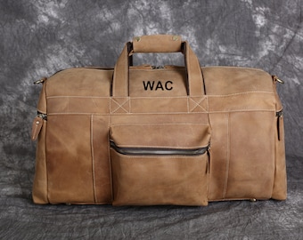 Personalized Full Grain Leather Duffle Bag: Travel Weekend Carry-on