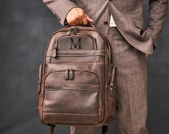 Men's Full Grain Leather USB 16 Inches Backpack,Large Capacity Weekender Overnight Camping,Laptop Backpack,Rucksack, Men's Leather Backpack.