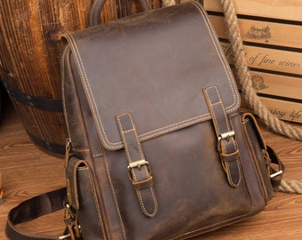 Mochila de cuero personalizada de Caballo Loco: Mochila de viaje retro
