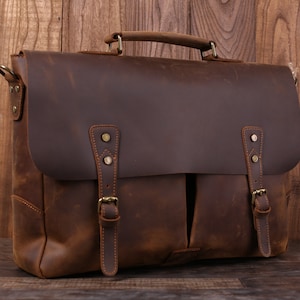 Personalized Full Grain Rustic Leather Messenger Bag 15.6'' Leather ...