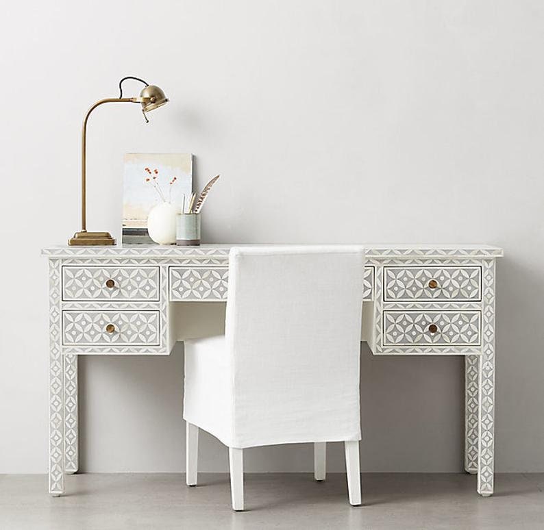 Bone inlay Chest of 5 Drawers Geometric Design in White color with Free Shipping