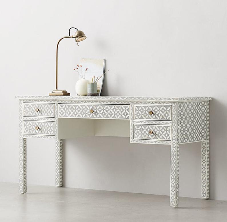 Bone inlay Chest of 5 Drawers Geometric Design in White color with Free Shipping