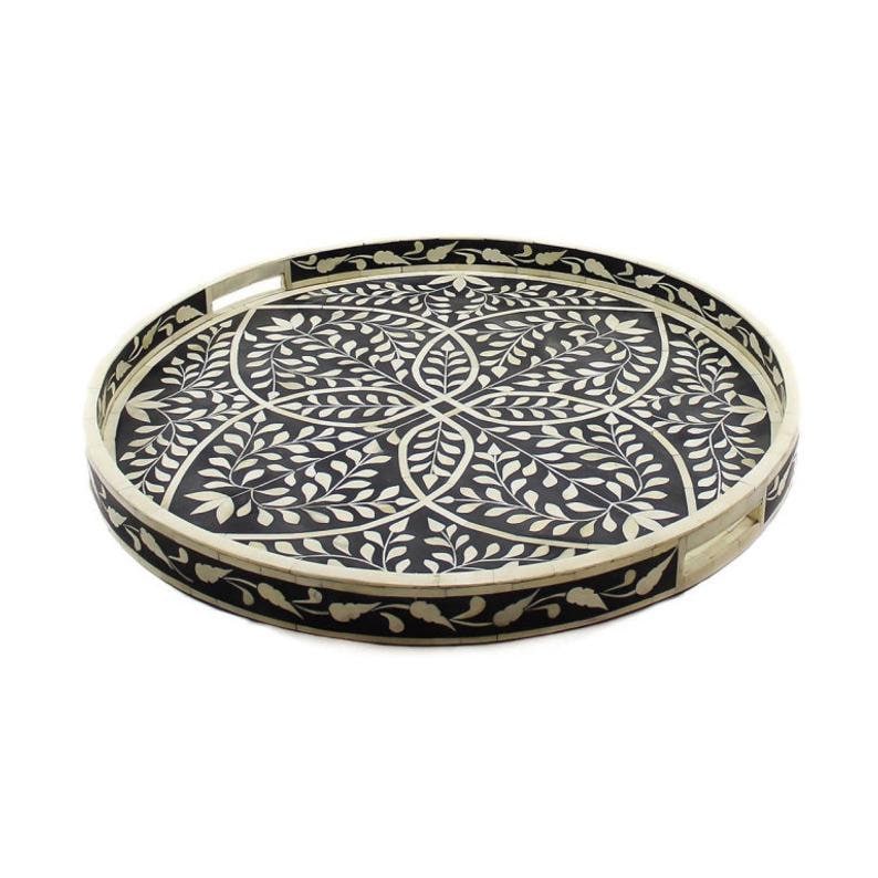 Handmade Bone Inlay Black Round Tray Decorative Serving