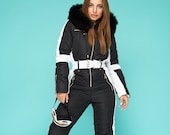 Women Ski jumpsuit black with white insert Ski overall bright Ski Winter suit Snowboarding suit Winter jacket Winter warm pants Winter suit