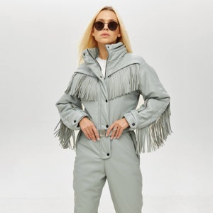 Ski jumpsuit Ski suit with tassles Womens snowsuit Grayski suit Skisuit with fringe Winter activewear Snowsuit outfit Waterproof ski suit