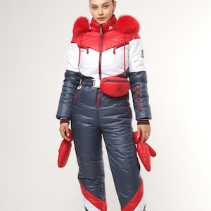 Talla 1X Traje de esquí para mujer, rojo y azul, traje de esquí para mujer, mono de esquí, traje de nieve para mujer, traje de nieve negro, traje de nieve para mujer con mitones.