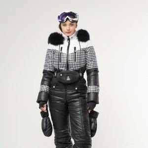 Ski suit women houndstooth pattern Ski suit womens Ski jumpsuit Snowsuit women Black snowsuit Snow suit women with funny pack and mittens