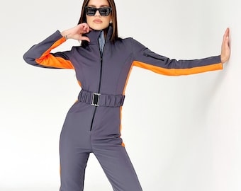 Women ski jumpsuit gray with orange stripes Snowmobile suit Ski suit one piece slim fit spring ski Ski suit onsie gray