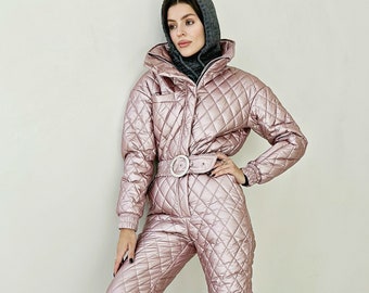 Pink snow suit Snowsuit dusty pink Retro ski suit 80's ski suit Metallic snowsuit for women Ski apparel ladies Ski Winter Suit Skisuit