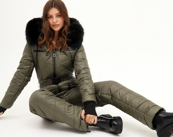 Women Ski jumpsuit olive Dark green ski one piece suit Ski outfit warm for winter sport Khaki ski onsie suit for women Ski Winter Suit