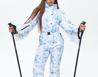 White skisuit with fringe Woman ski suit Cowgirl wester snowsuit Stylish women snowsuit Ski jumpsuit floral Skisuit blue Skianzug damen