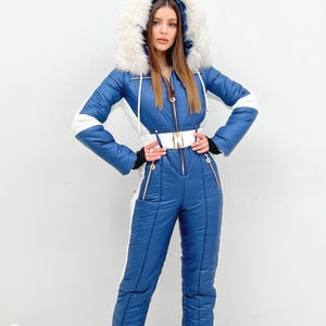 Damen-Skioverall, marineblau mit weißem Einsatz, Skioverall, leuchtender Ski-Winteranzug, Snowboardanzug, warme Winterhose, Snowboardanzug Bild 1