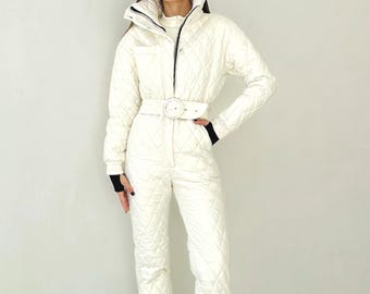 Ski suit pearl shiny Metallic ivory ski suit Snowsuit for women 80's ski suit Ski apparel ladies Ski clothing girl Ski Suit Skiing outfit