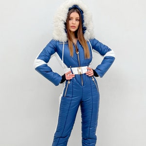 Women Ski jumpsuit navy blue with white insert Ski overall bright Ski Winter suit Snowboarding suit Winter warm pants Snowboarding Suit