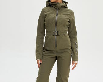 Women ski jumpsuit olive Waterproof slim ski suit Skinny ski one piece ladies ski outfit Ski fashion wear 80s Ski Wear Present for sister