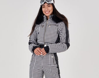 Checkered ski jumpsuit for women Houndstooth print Snow suit black in check pattern Snow suit one piece for winter Snowboarding jumpsuit