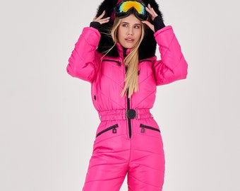 Bright pink ski suit women's Women Ski jumpsuit bright pink with black fur Fashion ski outfit Snowsuit women Ski jumpsuit women's