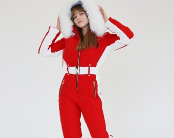 red ski suit