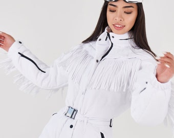 White fringed ski suit for women one piece White snowsuit women's for winter sport with fringe Warm winter onsie suit overall Ski Snow Suit