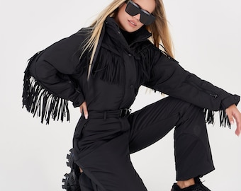 Black skisuit with fringe Woman ski suit Fringed warm jacket for winter Stylish women's snowsuit Ski jumpsuit onecie Skisuit Skianzug damen