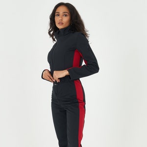 Women Ski Jumpsuit Black With Red Stripes Bright Ski Suit One