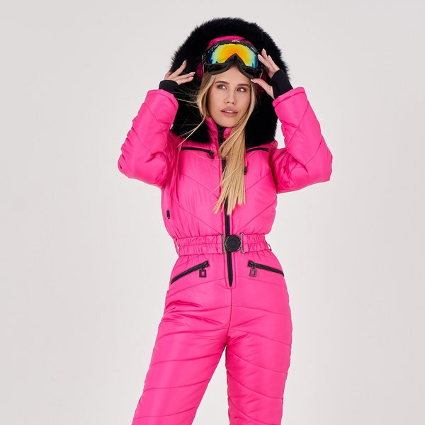 Bright pink ski suit women's Women Ski jumpsuit bright pink with black fur Fashion ski outfit Snowsuit women Ski jumpsuit women's