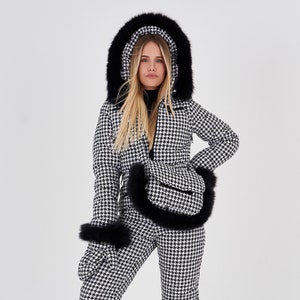 Houndstooth printed snow jumpsuit for women Checkered ski suit black in check pattern Snowsuit women for winter