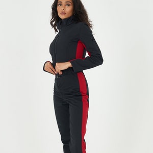 Women ski jumpsuit black with red stripes Bright ski suit one piece slim fit jumpsuit Skinny ski suit black outfit Ski fashion wear