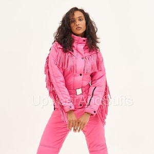 Pink ski suit for women fringed one piece Snowsuit women's for winter sport with fringe Warm winter onsie suit overall Pink snow suit