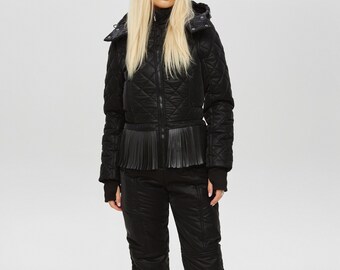 S size Ski outfit Black ski suit Fringe ski jacket and ski pants one piece Overall ski suit women Snowsuit Warm winter outfit