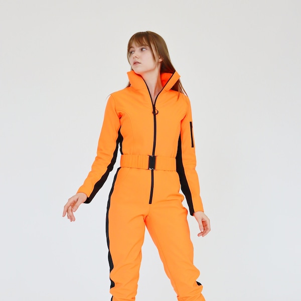 Combinaison de ski femme orange à rayures noires Combinaison de ski brillante combinaison une pièce coupe cintrée