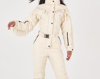 Fringe ski suit Ivory one piece snowsuit Ski jumpsuit woman Winter snowsuit Winter pants Skisuit winter Skioverall Present for girlfriend
