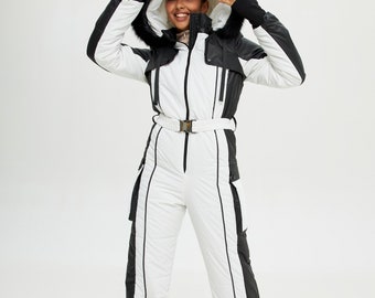 0X size Snow suit for woman Skiing suit White ski suit Ski one piece Women snow pants Snowsuit white black Woman snow jumpsuit