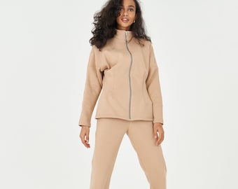 Comfy winter clothing Camel Brown Womens Fleece 2 Piece Outfits Sweatsuit Zip Pullover Sweatshirt Tracksuit Set with Corseted Jumper