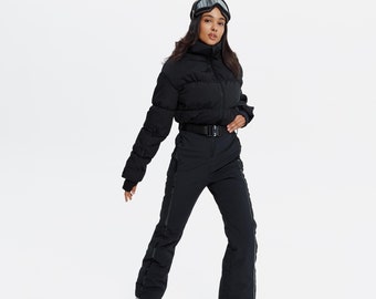 Womens snowsuit Black ski jumpsuit Warm winter jumpsuit Winter activewear Ski clothes one piece Black ski suit Snowsuit full length