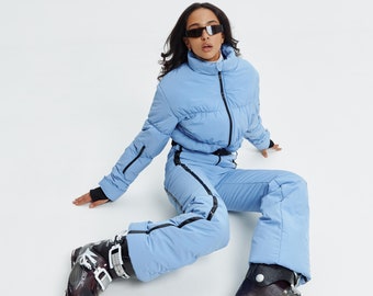 Woman ski suit baby blue Skioverall Skianzug Woman ski jumpsuit Snowsuit Ski clothes Ski jacket Ski outfit wear One piece ski blue